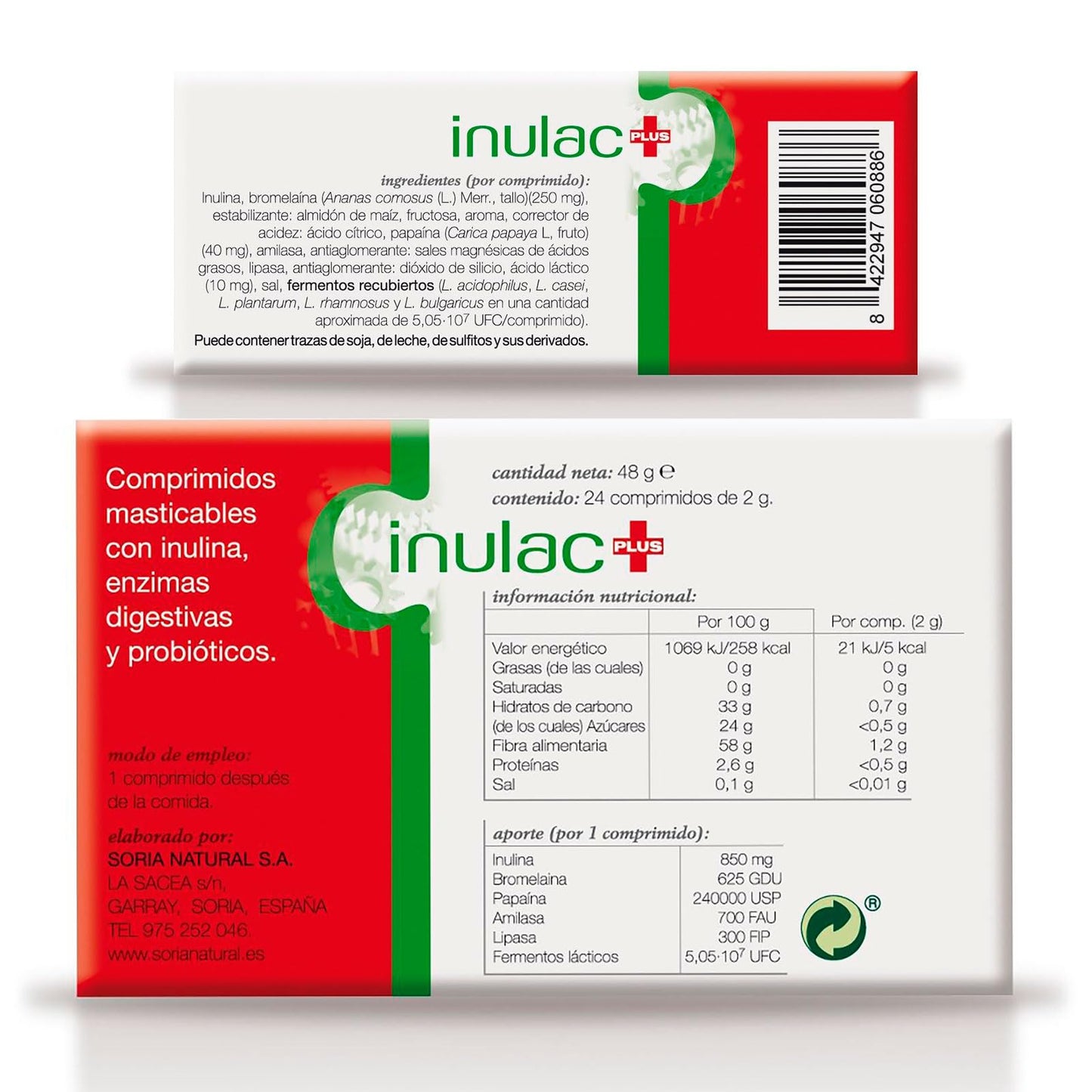 Soria Natural Inulac Plus - Probióticos y Prebióticos intestinales, Enzimas digestivas - Alivia la pesadez, Favorece la digestión - Ayuda en Estreñimiento, Diarrea, Flatulencias -24 comprimidos