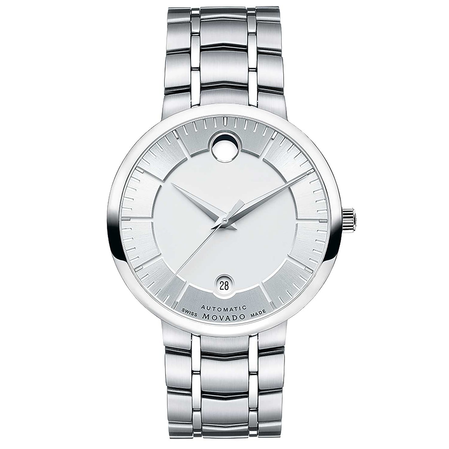 Reloj automático clásico de hombre Movado brazalete esfera blanca