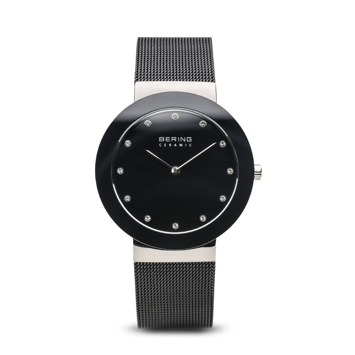 Reloj Bering mujer con malla milanesa y cerámica negra y plateada