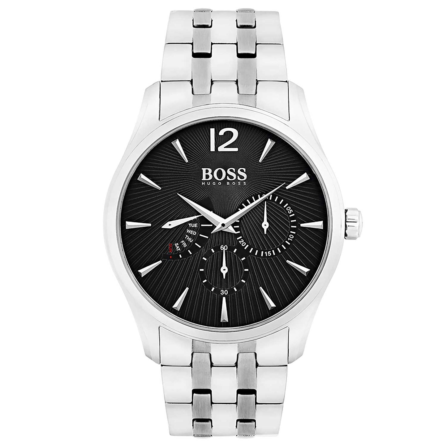 Reloj clásico Hugo Boss con esfera negra y brazalete de acero de hombre