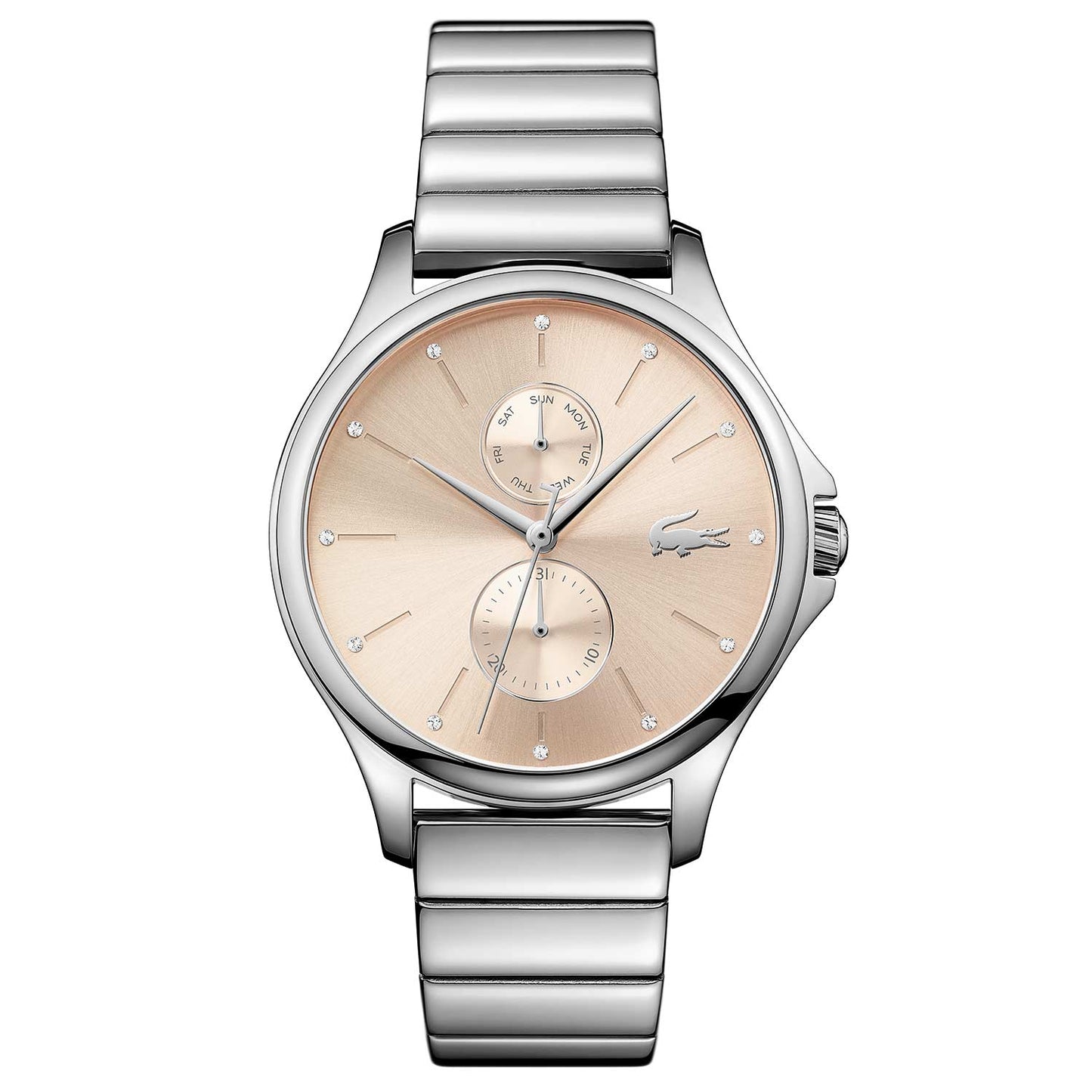 Reloj multifunción Lacoste esfera rosada con cristales de Swarovski malla de mujer