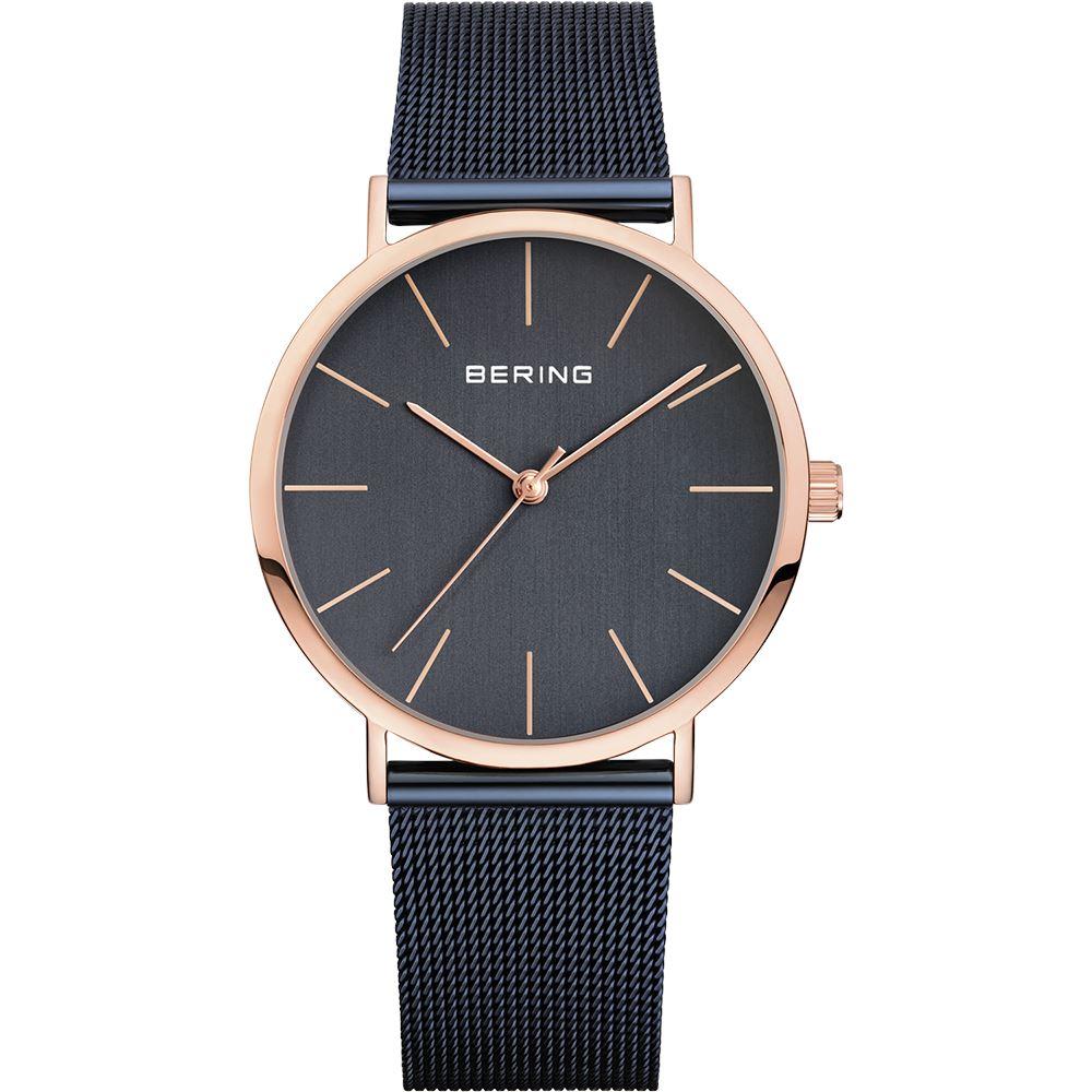 Reloj Bering minimalista mujer azul detalles rosados