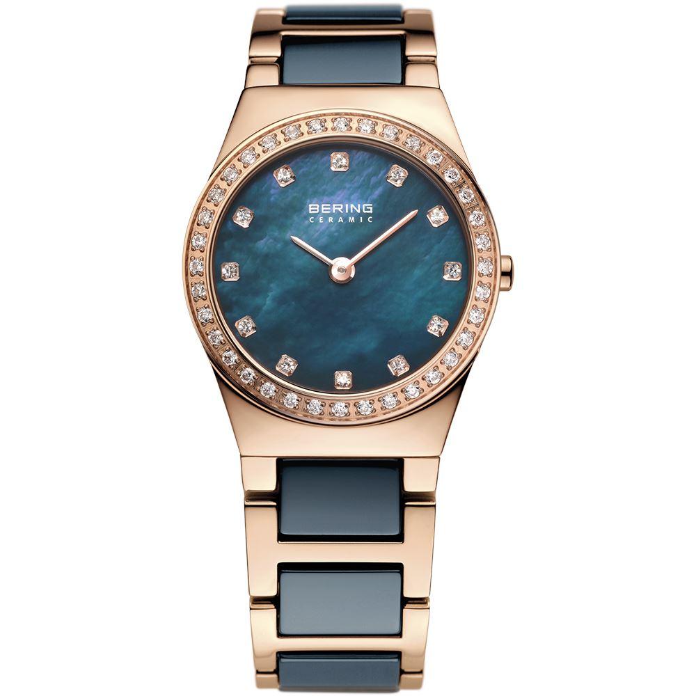Reloj Bering mujer de cerámica azul y oro rosa
