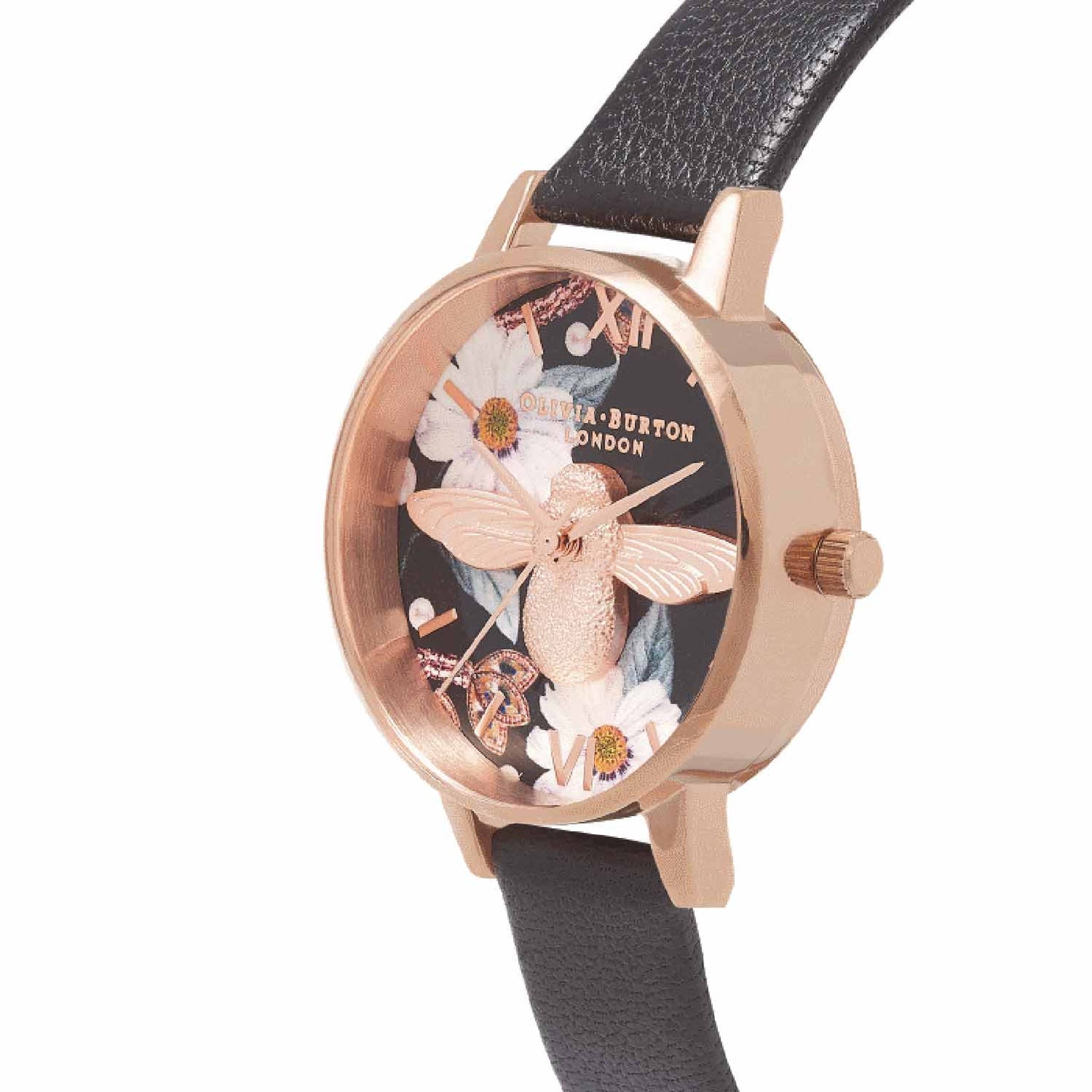 Reloj tendencia Olivia Burton esfera negra con flores y abeja de mujer
