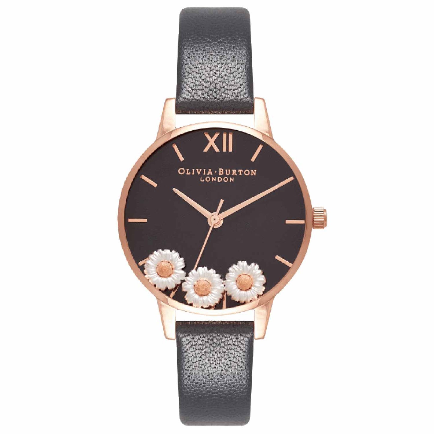 Reloj tendencia Olivia Burton negro con margaritas móviles de mujer