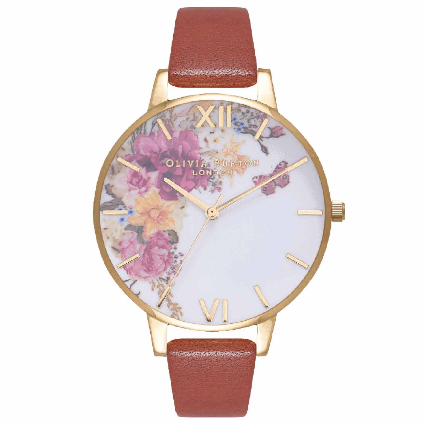 Reloj tendencia Olivia Burton marrón con flores de mujer