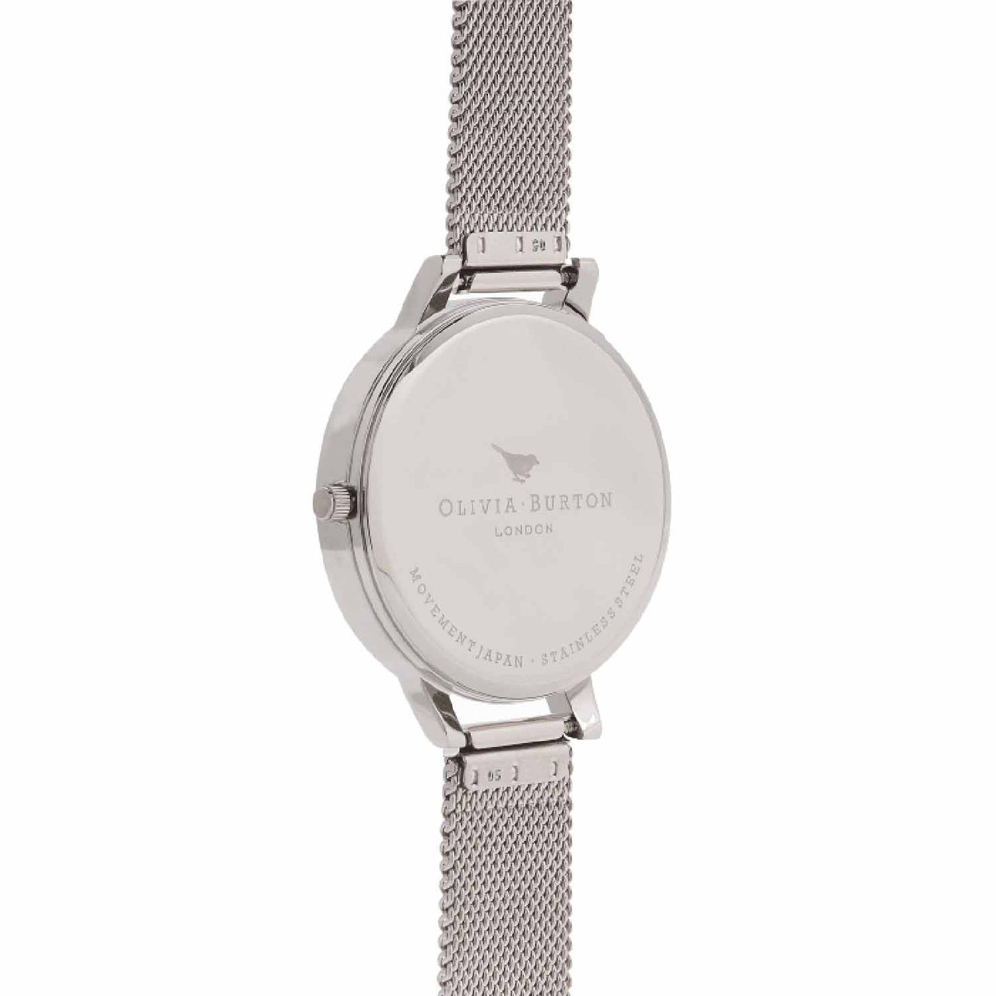 Reloj tendencia Olivia Burton plateado esfera flores abstractas de mujer