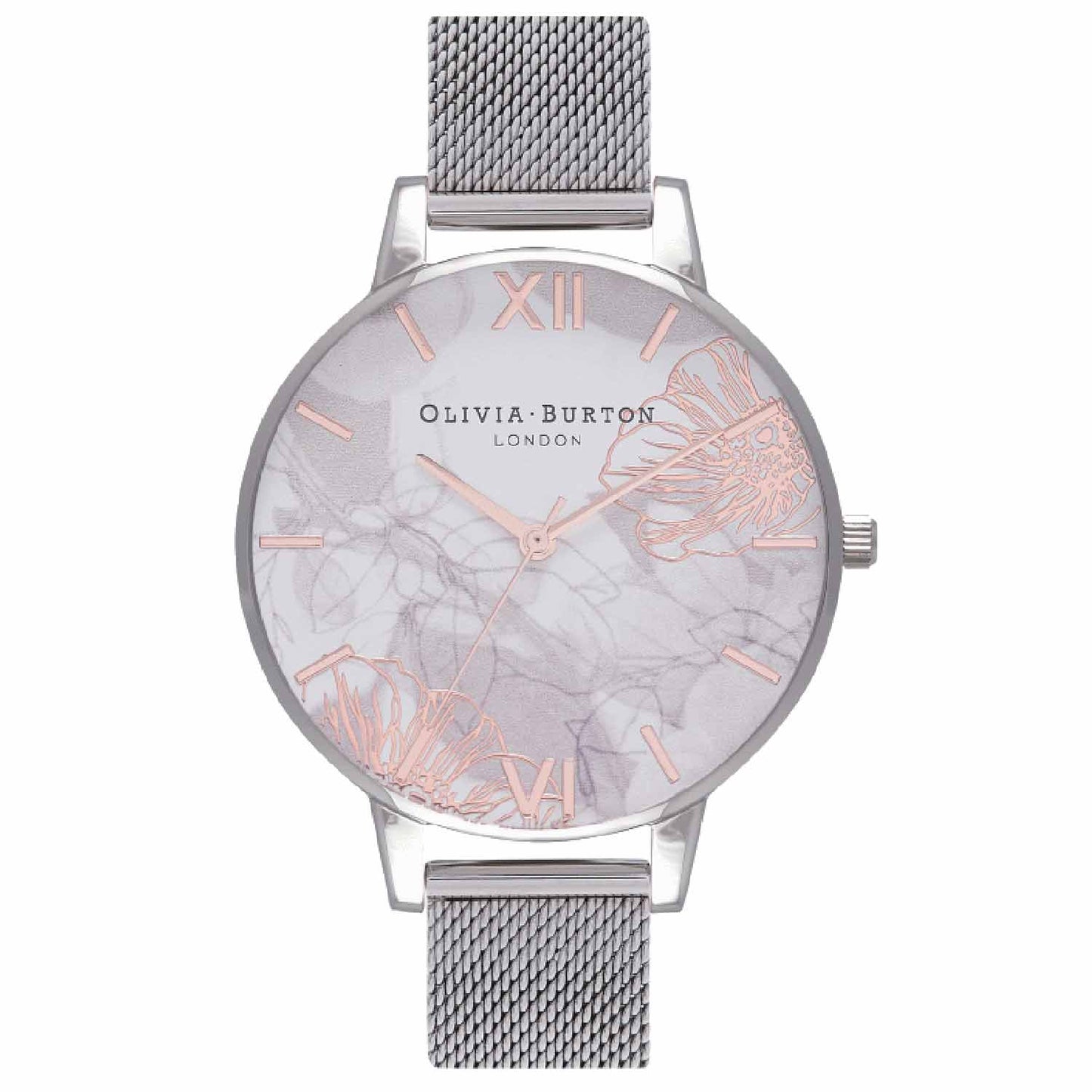 Reloj tendencia Olivia Burton plateado esfera flores abstractas de mujer
