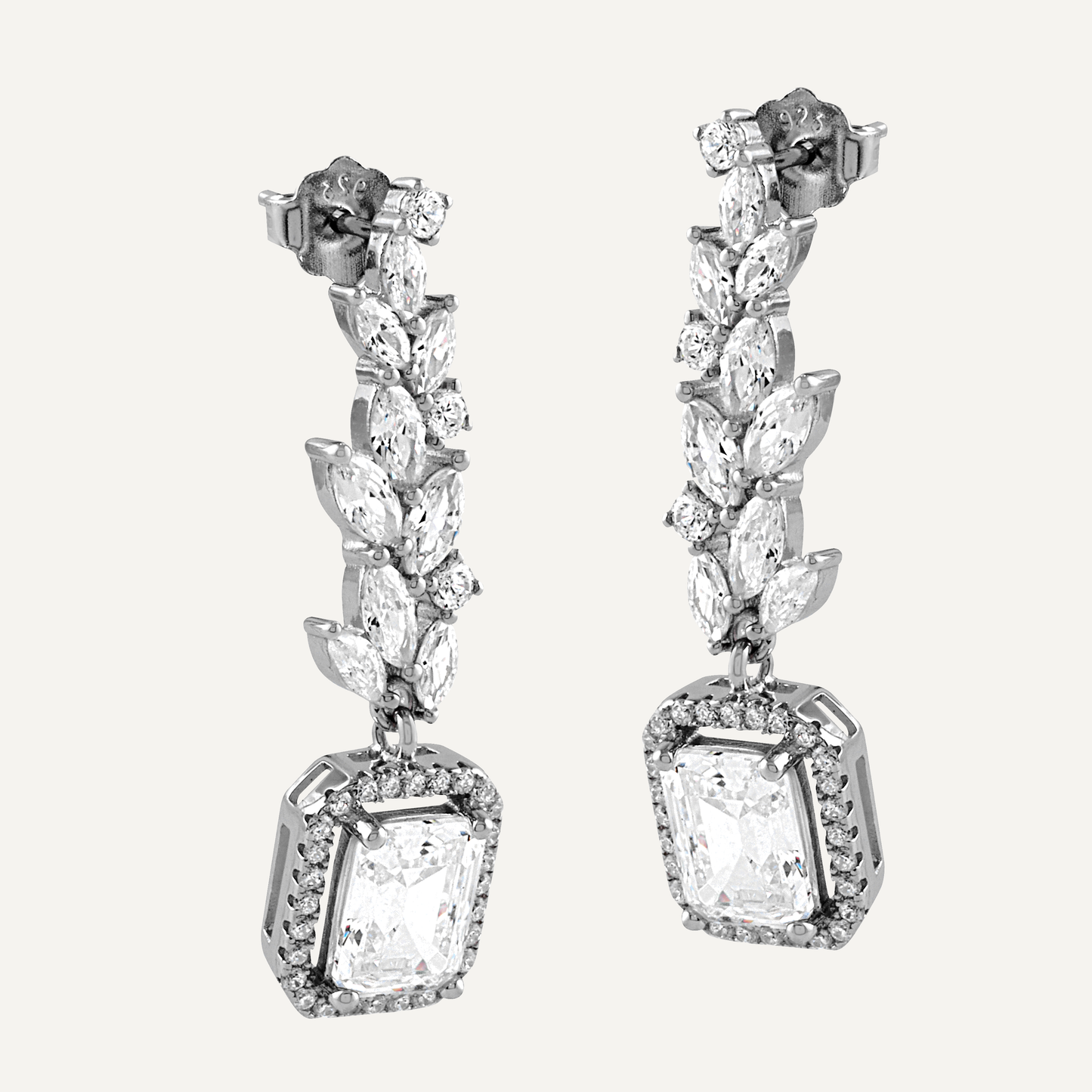 Pendientes hojas de plata y circonita blanca cuadrada