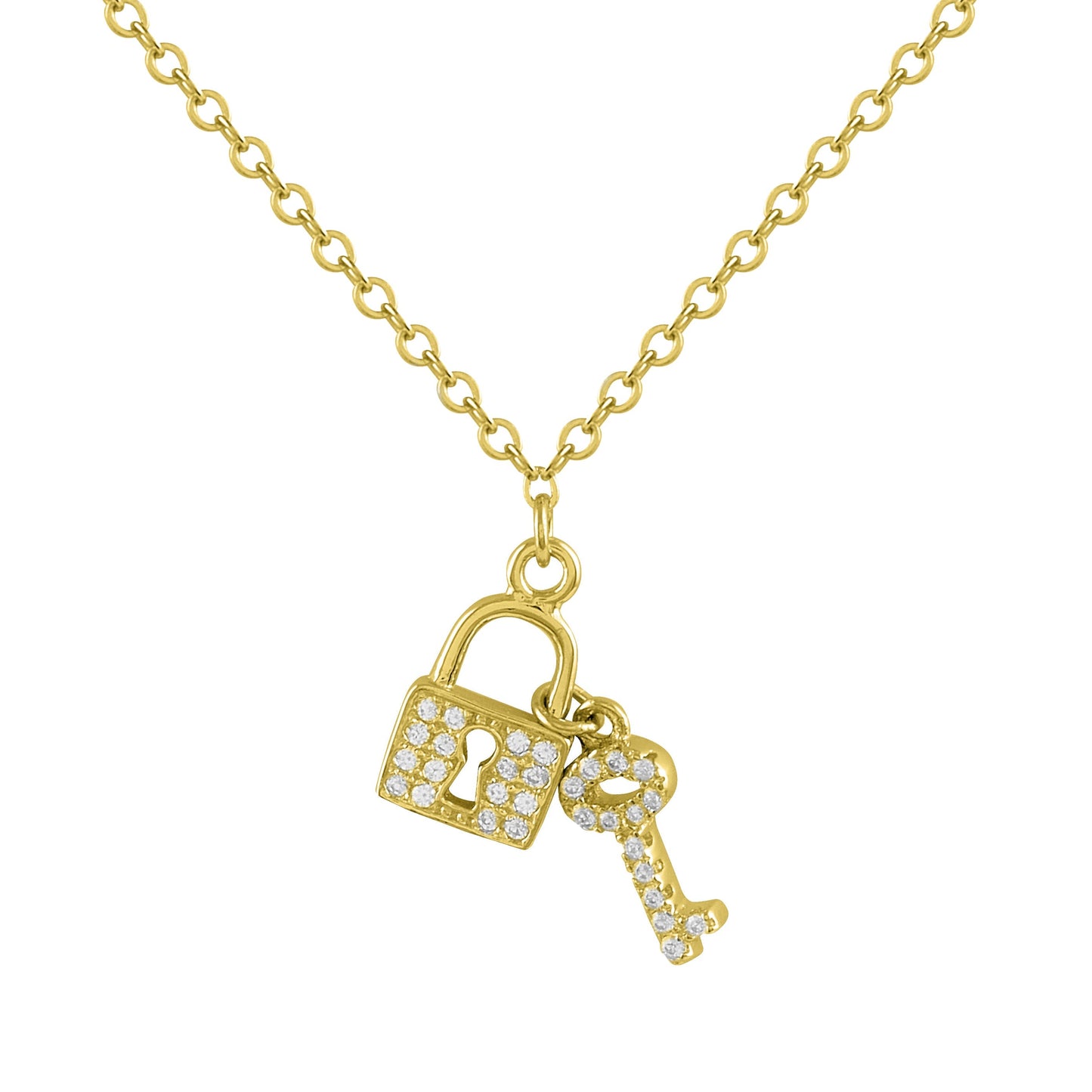 Collar de plata bañada en oro y circonitas llave y candado