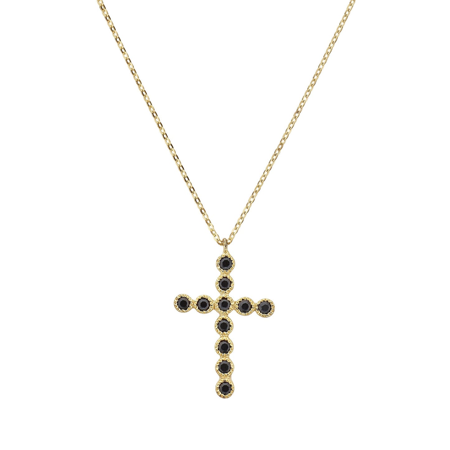 Collar cruz espinelas negras bañado en oro