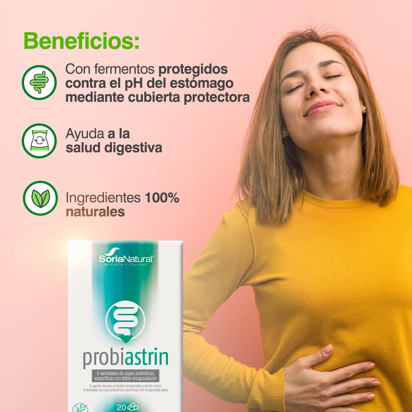 Soria Natural Probiastrin - Formulado con 6 Variedades de Cepas Probióticas – Favorece Salud Intestinal – Ayuda en Procesos Diarreicos – Doble Encapsulación y Fermentos - Caja con 20 cápsulas de 570mg