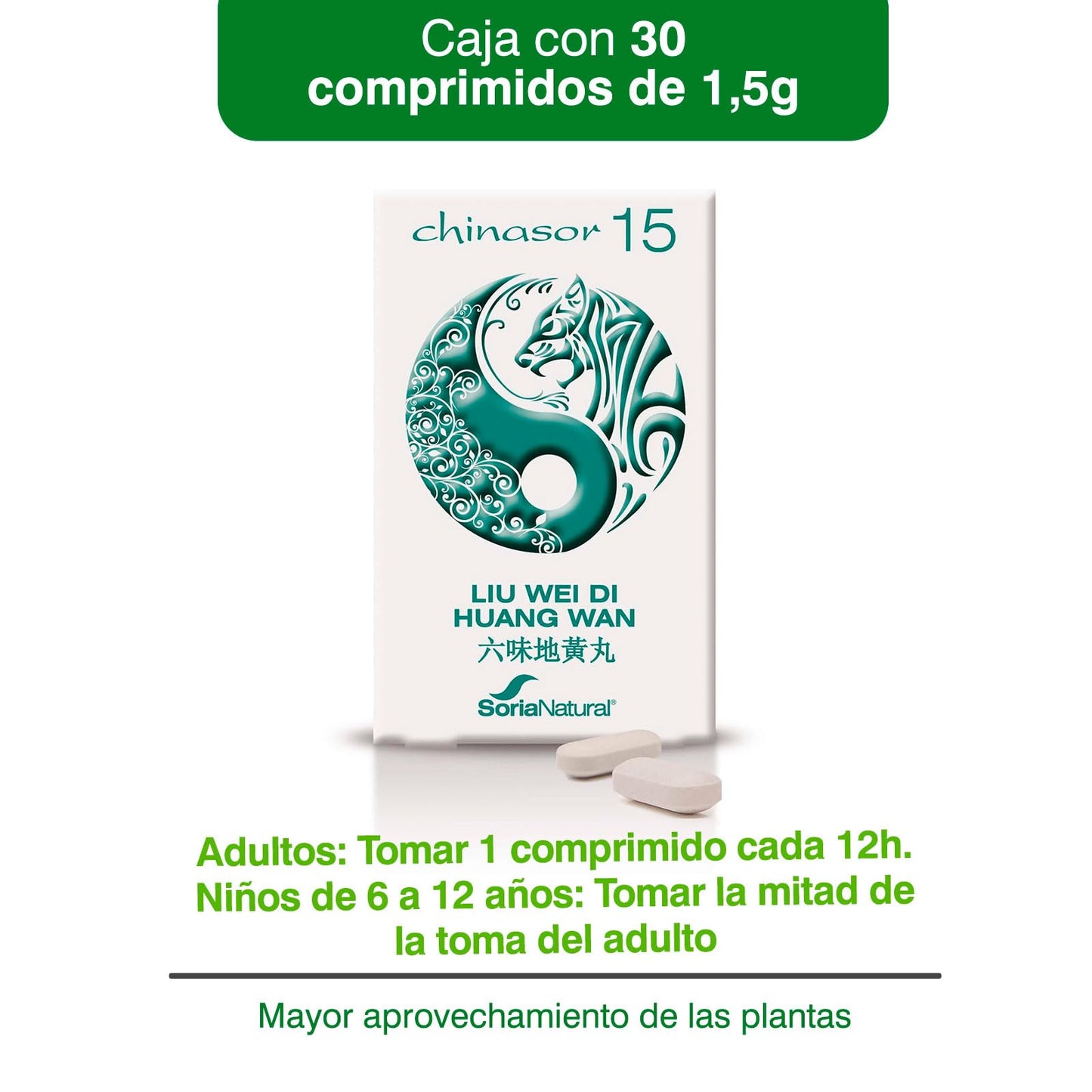 Soria Natural Chinasor 15 Liu Wei Di Huang Wan – Ayuda a Tonificar el Yin – Ingredientes con Rehmannia que Tonifican el Yin - Plantas Medicinales de Origen Asiático - 30 Comprimidos de 1,5g