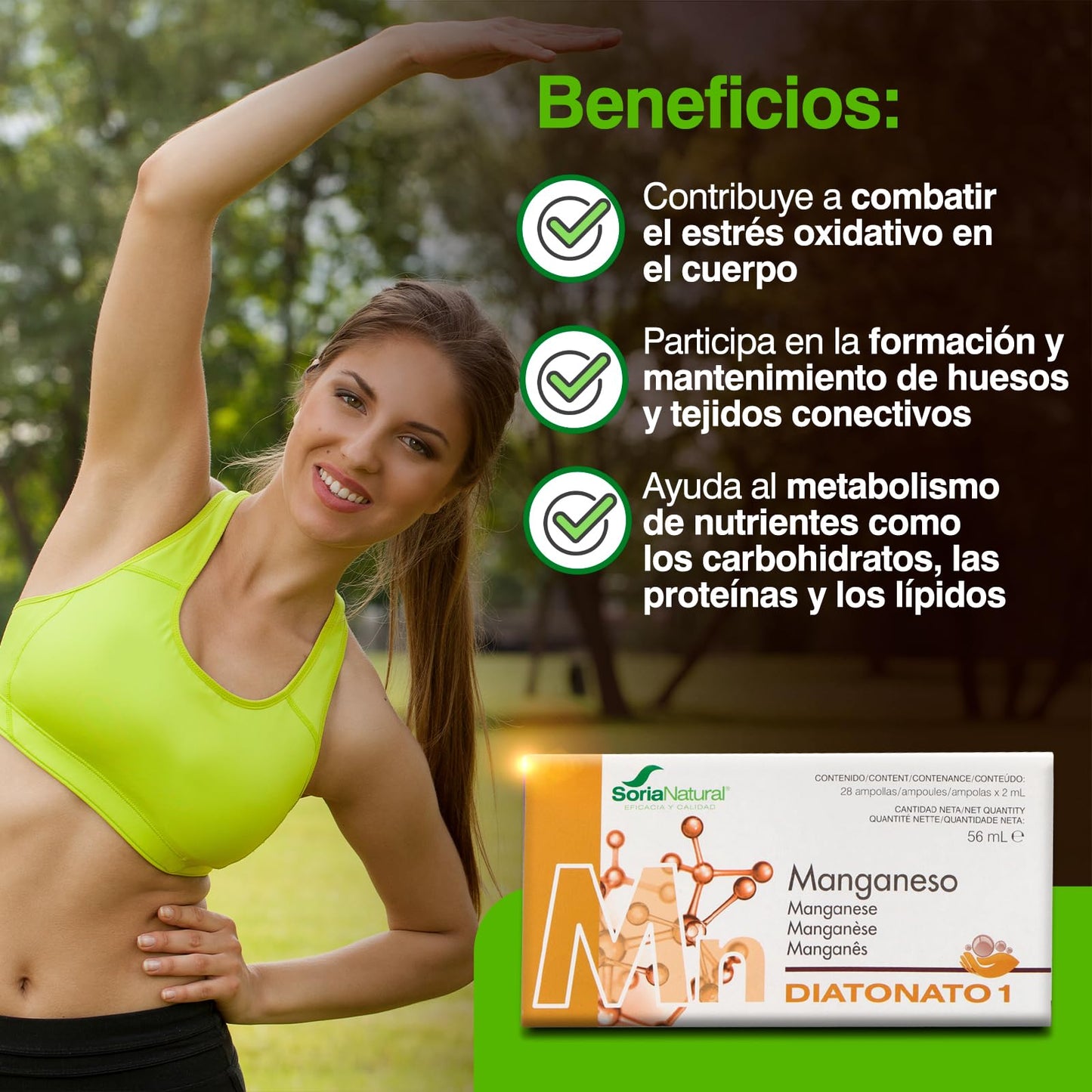 Soria Natural Diatonato 1 Manganeso - Suplemento a Base de Manganeso en Ampollas – Favorece Huesos y Tejidos Conectivos – Ayuda al Metabolismo - Caja con 28 Ampollas de 2 ml