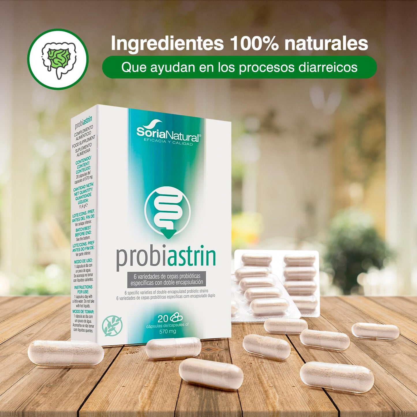 Soria Natural Probiastrin - Formulado con 6 Variedades de Cepas Probióticas – Favorece Salud Intestinal – Ayuda en Procesos Diarreicos – Doble Encapsulación y Fermentos - Caja con 20 cápsulas de 570mg