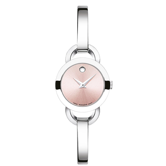 Reloj minimalista Movado mujer brazalete plateado esfera rosa