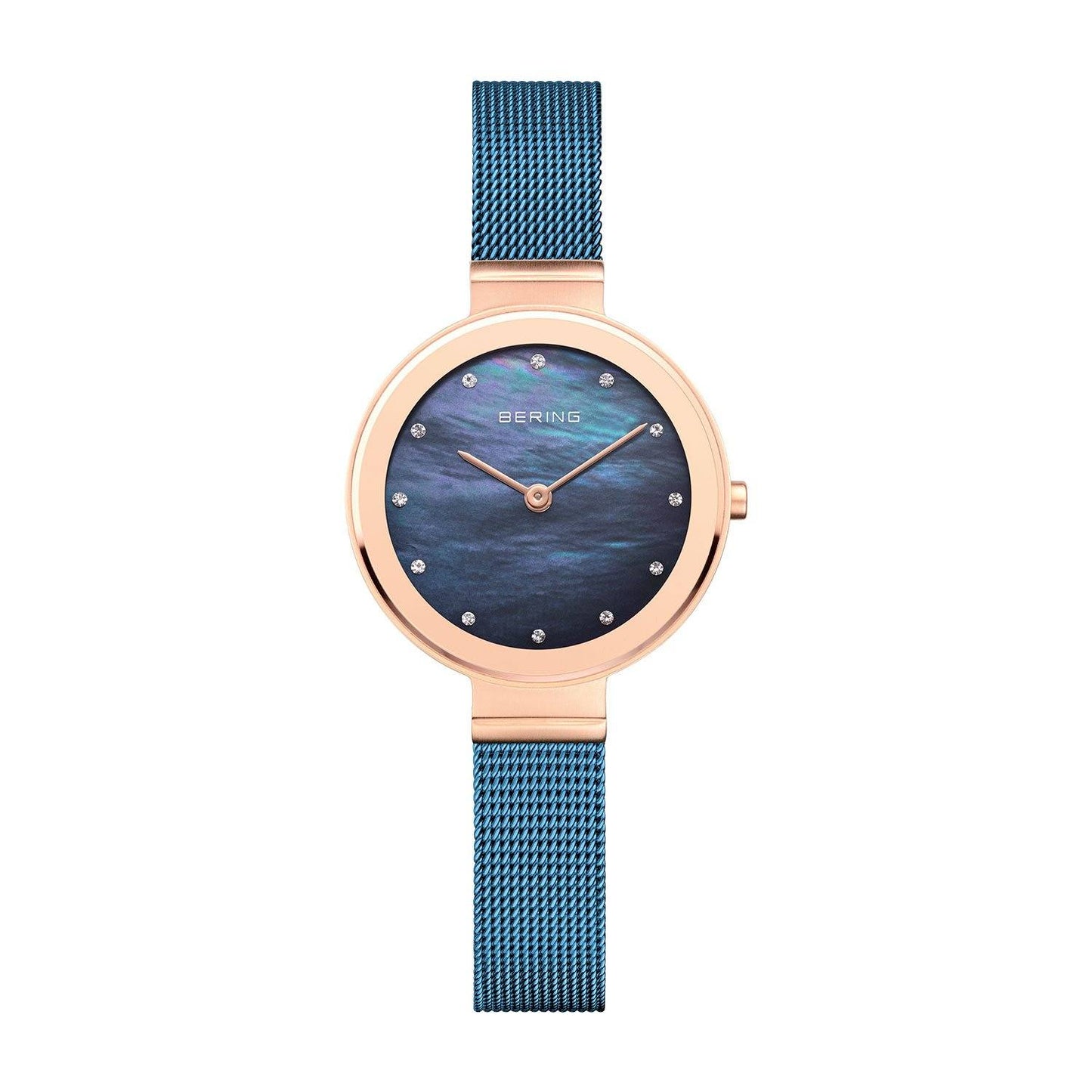 Reloj Bering malla clÃ¡sico de mujer azul madreperla y caja rosada