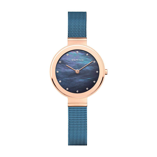 Reloj Bering malla clÃ¡sico de mujer azul madreperla y caja rosada