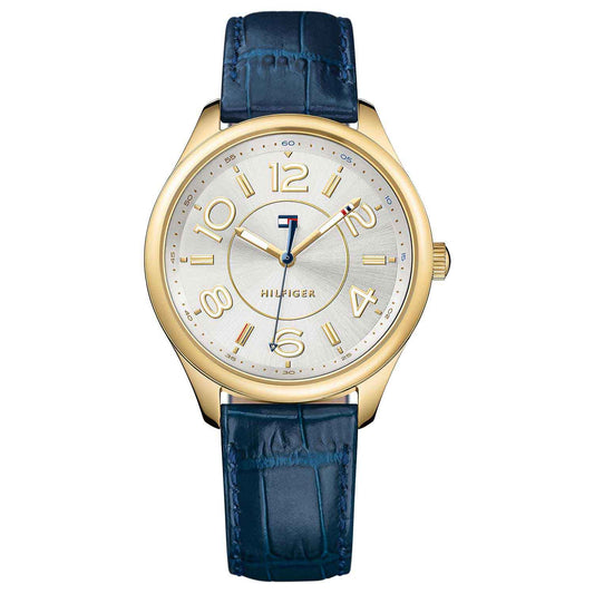 Reloj clásico de mujer Tommy Hilfiger esfera plateada y correa de cuero azul
