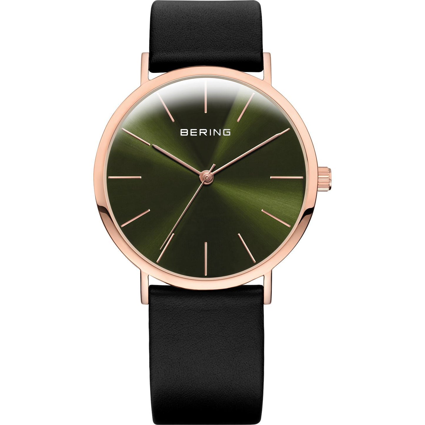 Reloj Bering minimalista mujer cuero negro detalles rosados