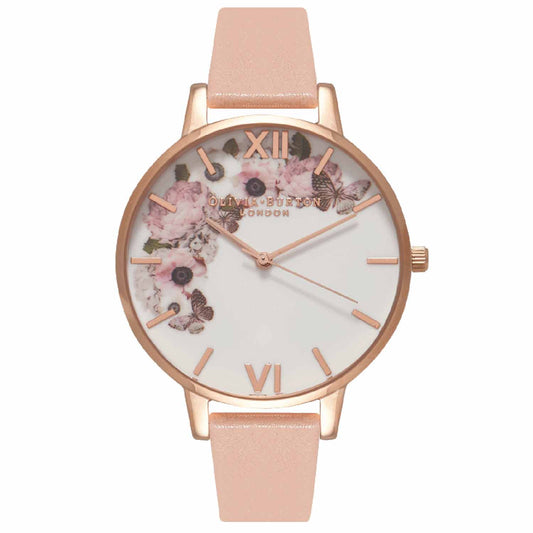 Reloj tendencia Olivia Burton esfera blanca con flores y correa rosa de mujer