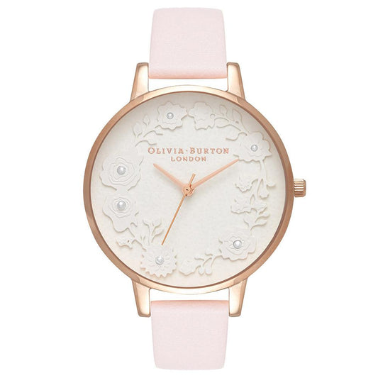 Reloj de mujer Olivia Burton con esfera blanca con flores 3D y correa cuero rosa pálido de mujer