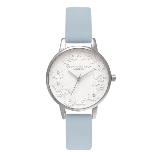 Reloj tendencia de mujer Olivia Burton con esfera blanca con flores 3D y correa cuero azul pálido