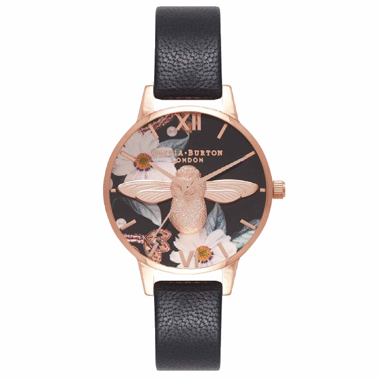 Reloj tendencia Olivia Burton esfera negra con flores y abeja de mujer