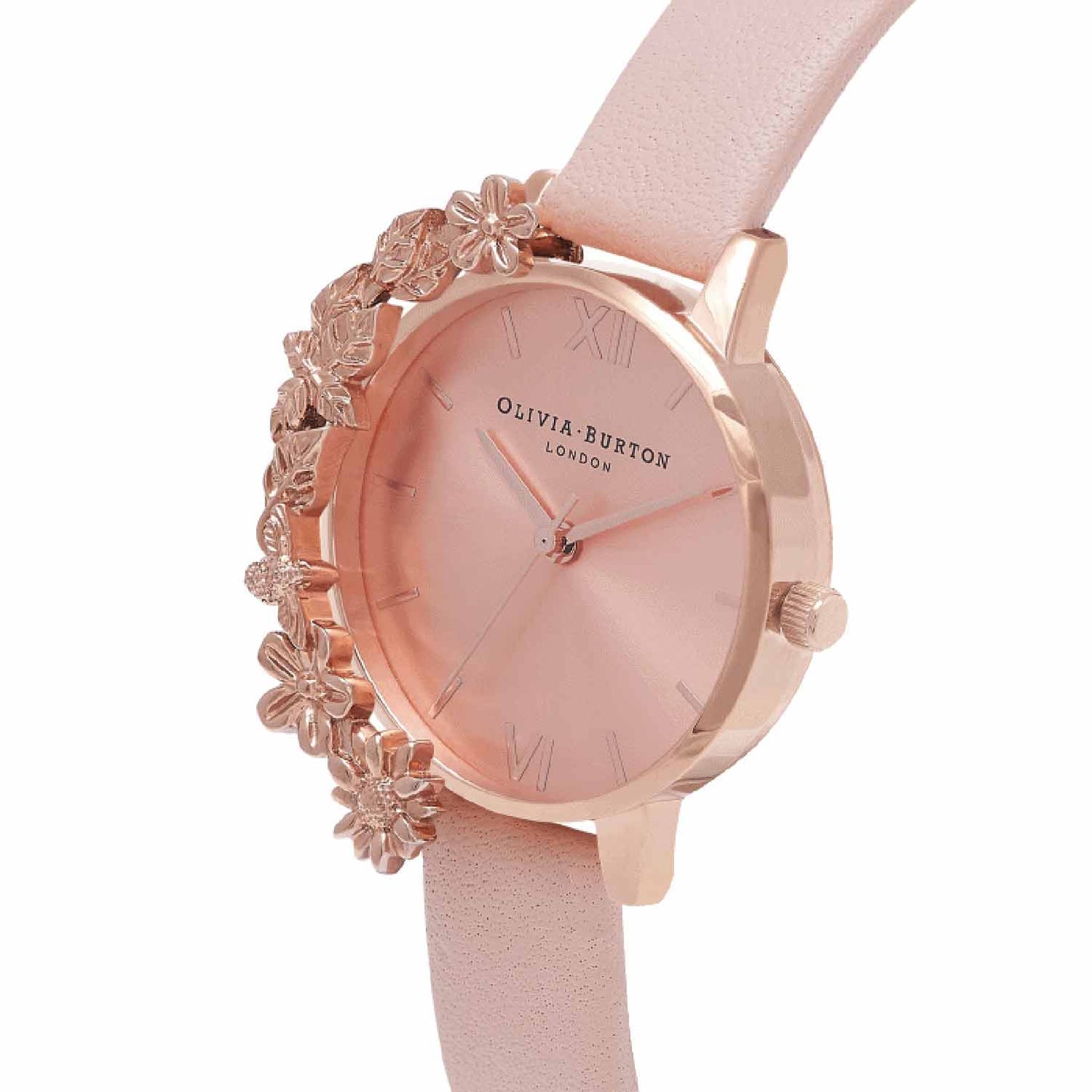 Reloj tendencia Olivia Burton con cuff de flores rosado de mujer