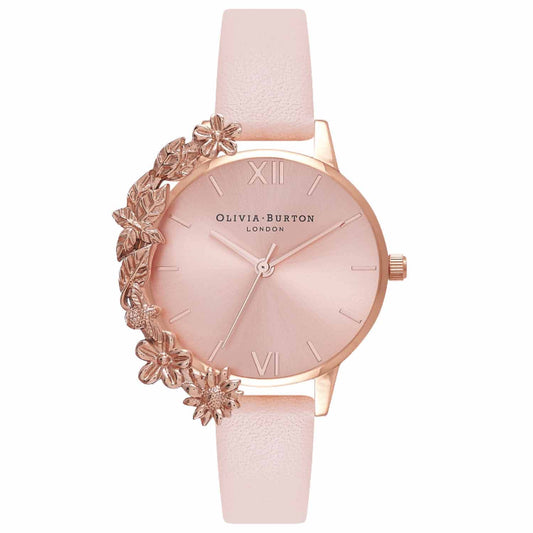 Reloj tendencia Olivia Burton con cuff de flores rosado de mujer