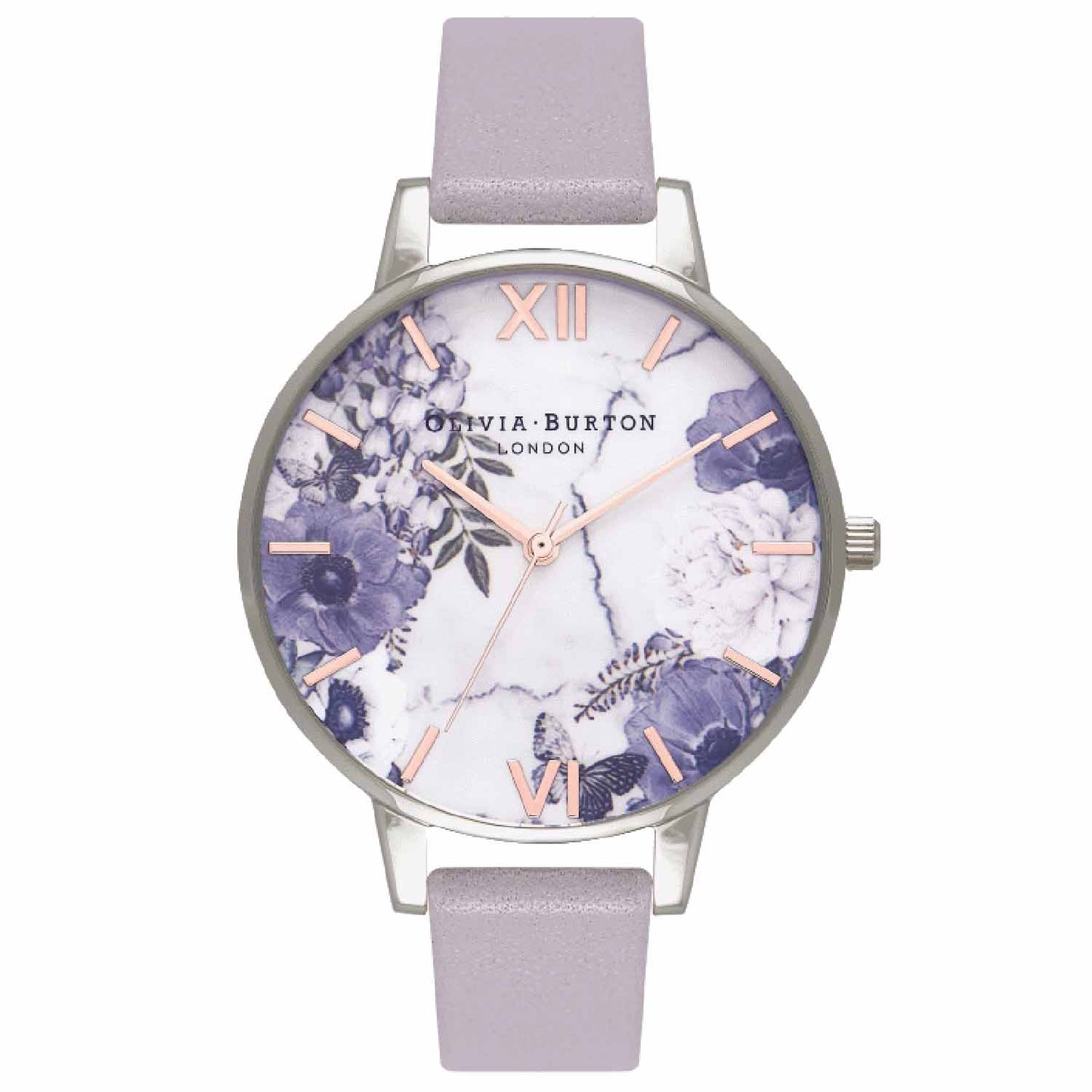 Reloj tendencia Olivia Burton lila con esfera mármol y flores de mujer