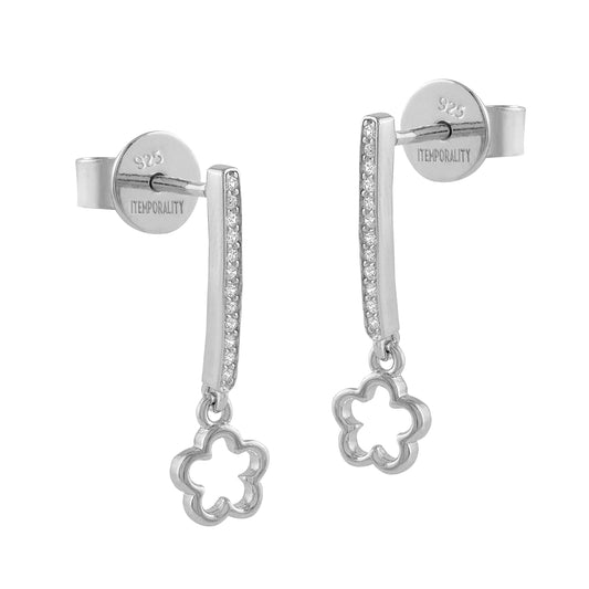 Pendientes largos flor de plata con circonitas blancas